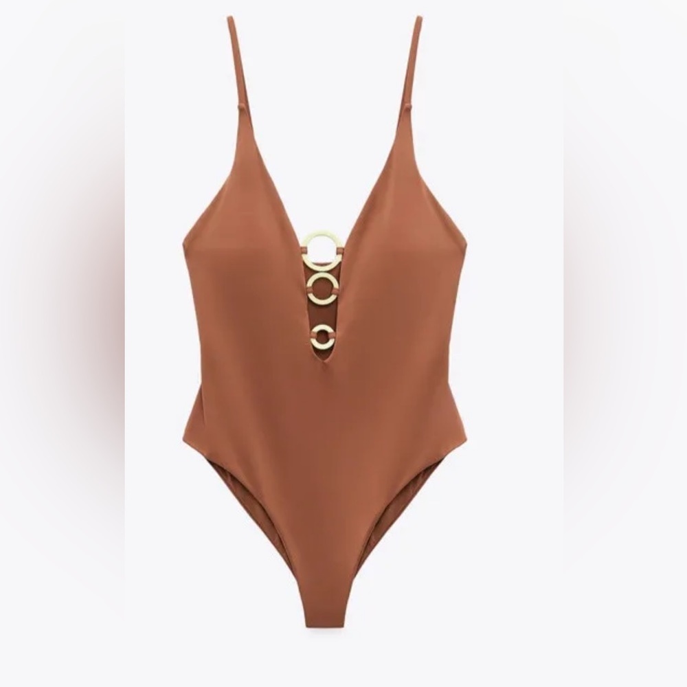 New! zara large brown swim padded suit with geometric pieces.